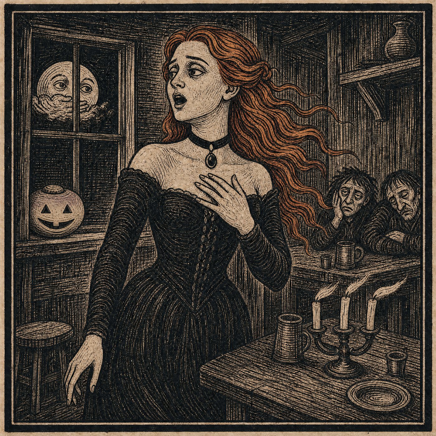 Woodcut portrait: the Singer, mid-song, the house asleep behind her