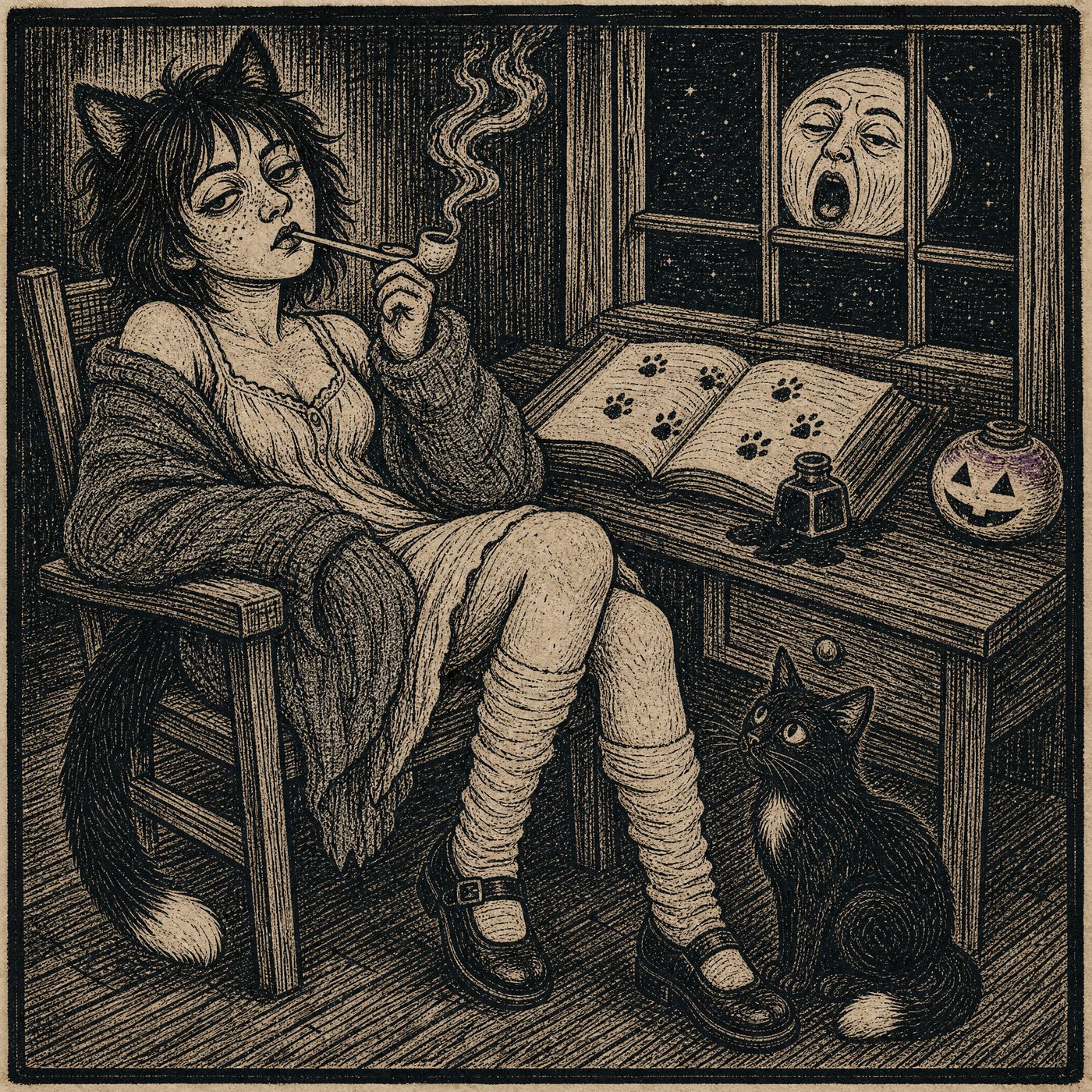Woodcut portrait: both her forms in one sitting — the lady with her pipe, the cat beside the chair, two tails tipped white, an unlit turnip lantern upon the desk