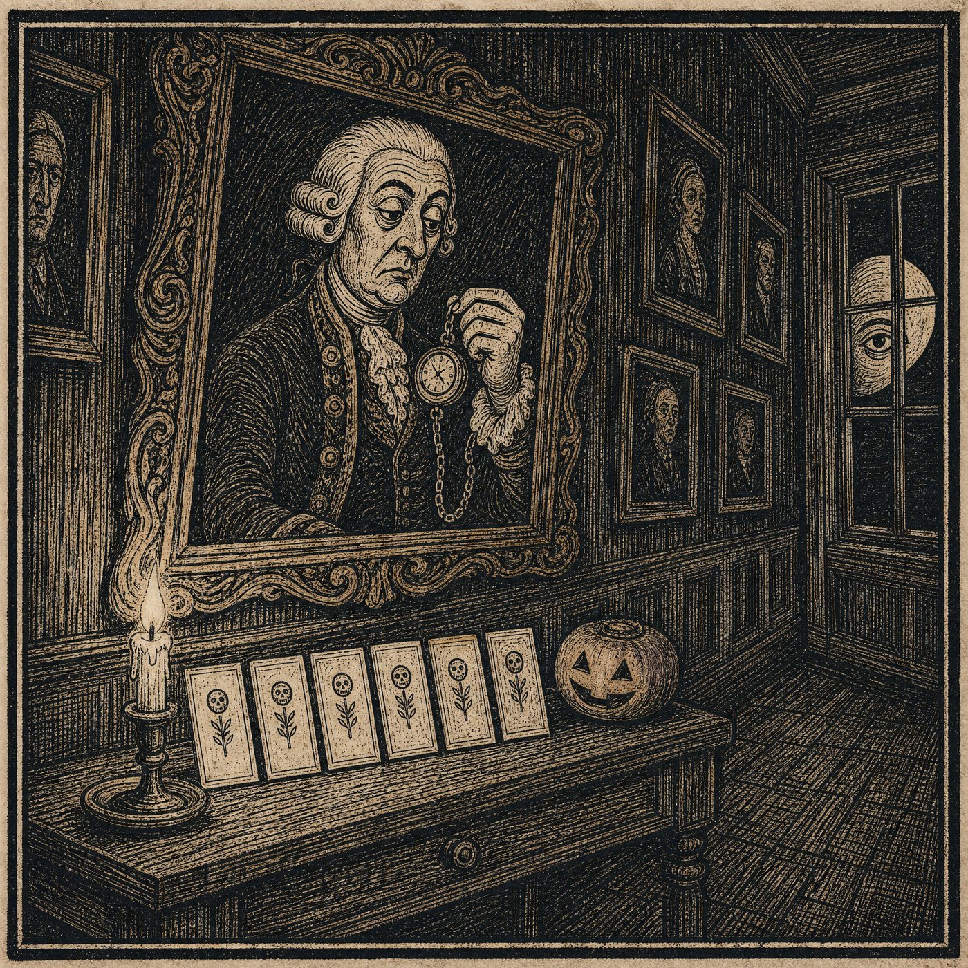 Woodcut portrait: the late lord's portrait in the gallery of the Hall, memorial cards upon the table