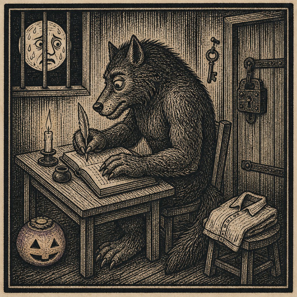 Woodcut portrait: Aldous in his wolf shape, seated at the desk over his ledger, quill in hand, his shirt folded on the stool
